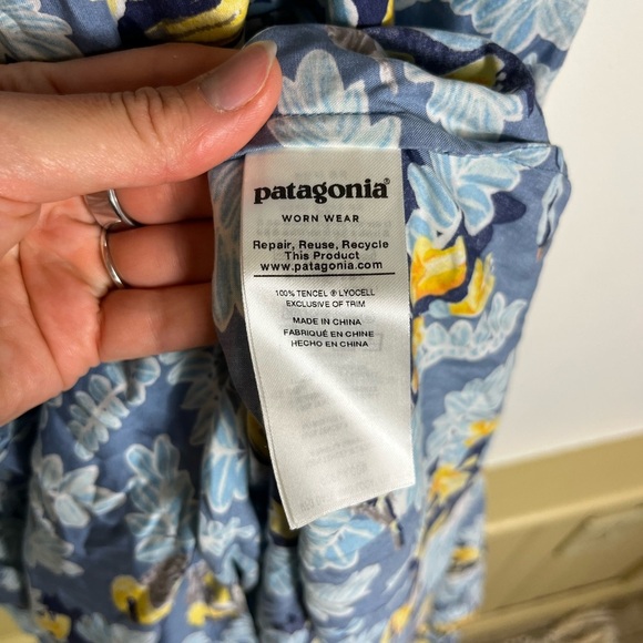 Patagonia Pataloha Strappy Maxi Dress L Blue Yellow Bird Floral Pockets Vacation - Picture 10 of 14